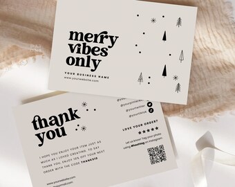 Printable B&W Christmas Packaging Insert, Custom Holiday Etsy Shop Thank You Template Canva, Boho Xmas Thanks For Your Purchase Card Design