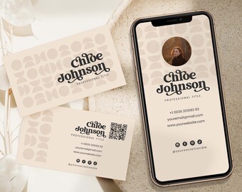 Plantilla de tarjeta de visita digital con código QR, tarjeta de visita de lujo moderna editable, plantilla Canva de tarjetas de visita Boho Event Planner, mínima
