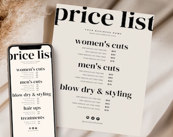 Plantilla de lista de precios digital Canva, lista editable de servicios, salón de belleza, estilista de maquillaje de uñas, guía de precios para compartir y menú de servicios