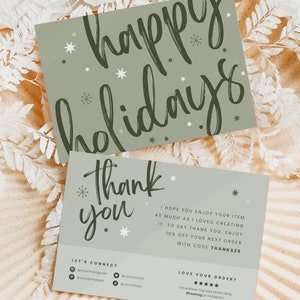 Printable Boho Christmas Thank You Template Canva, Custom Holiday Etsy Shop Packaging Insert, Sage Xmas Thanks For Your Purchase Card Design