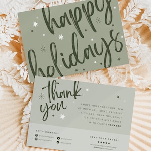 Afdrukbare Boho Kerst Bedanksjabloon Canva, Aangepaste Vakantie Etsy Shop Verpakkingsinzet, Salie Kerst Bedankt voor uw aankoopkaartontwerp