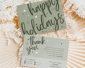 Printable Boho Christmas Thank You Template Canva, Custom Holiday Etsy Shop Packaging Insert, Sage Xmas Thanks For Your Purchase Card Design