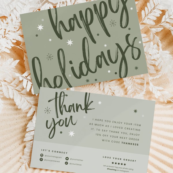 Printable Boho Christmas Thank You Template Canva, Custom Holiday Etsy Shop Packaging Insert, Sage Xmas Thanks For Your Purchase Card Design