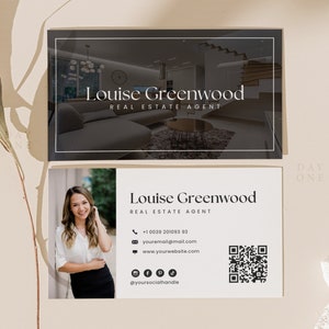 Canva-sjabloon voor onroerend goed visitekaartje, dubbelzijdig onroerend goed visitekaartje, ondernemer interieurontwerper fotograaf visitekaartje DIY