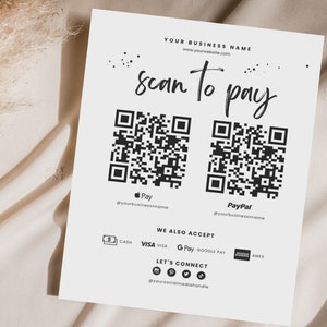 Edytowalny znak metody płatności Scan to Pay, znak małej firmy, drukowany kod QR znaku salonu, niestandardowy szablon mediów społecznościowych Połącz się z nami