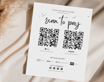Editable Scan to Pay Payment Method Sign, Small Business Sign, Printable Salon Sign QR Code, Custom Social Media Connect with Us Template
