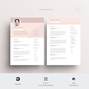 May include: A two-page resume template in a minimalist style with a pink background. The template features a professional headshot, contact information, skills, and work experience. The text "2 Page Version" is at the top of the page.