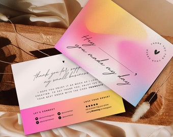May include: A thank you card with a colorful abstract background. The card says "Hey you made my day" and "Thank you for your order". The card also includes a message thanking the customer for supporting a small business and includes a discount code for their next order.