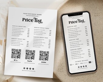 EDITABLE Service Menu Canva Template, Scan to Pay Sign, Digital Boutique Price List, Printable Salon Nail Price List, Sharable Service List