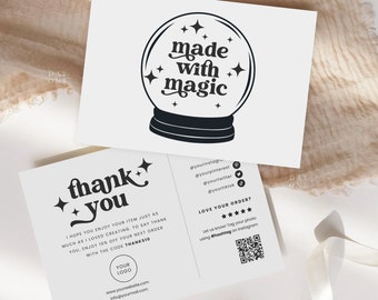 May include: A thank you card with a black and white illustration of a snow globe with the text "made with magic" inside. The card also includes the text "thank you" with stars and the text "I hope you enjoy your item just as much as I loved creating. To say thank you, enjoy 10% off your next order with the code THANKS10".