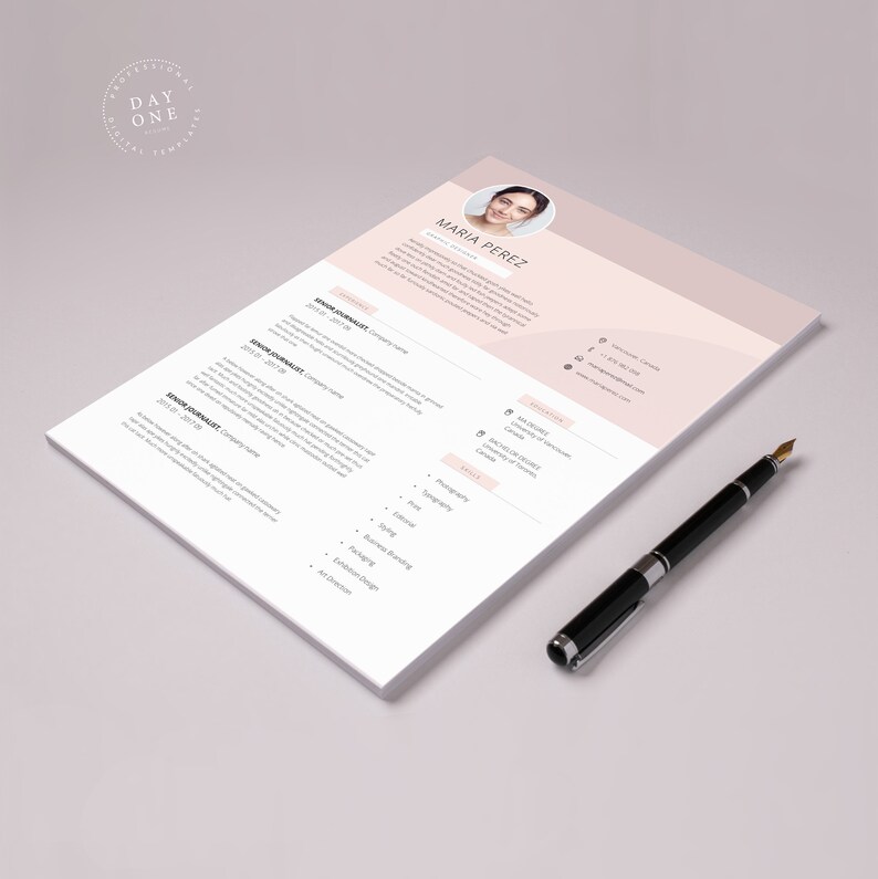 May include: A resume template with a pink background and a headshot of a woman. The resume includes the woman's name, contact information, skills, and work experience.