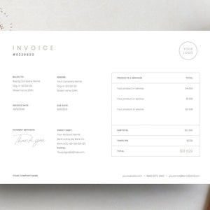 Modern Minimalistic Invoice Design for Small Business, Entrepreneurs and Coaches | Landscape Horizontal Template for Word & Pages