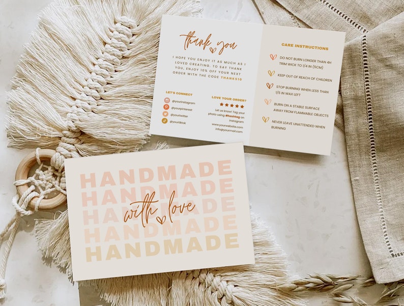 May include: A card with the text "Handmade with love" in a gradient of pink and orange. The text is repeated four times, with the words "with love" appearing in the center of the card.