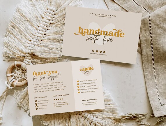 Business Thank You Card Editable, Printable Thanks For Your Purchase Small Business Package Insert Card, Candle Care Card Canva Template
