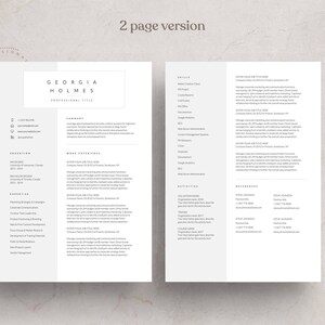 May include: A two-page resume template with a minimalist design. The resume is for Georgia Holmes, who is a professional in the marketing field. The resume includes sections for skills, work experience, education, and references.