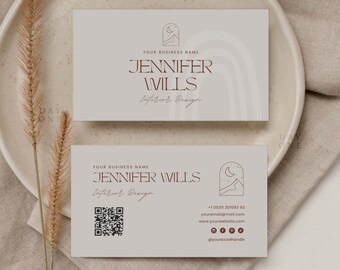 Tarjeta de visita Boho Rainbow editable con código QR, marca personalizada para pequeñas empresas DIY, tarjeta de visita única para cabello femenino, plantilla Canva
