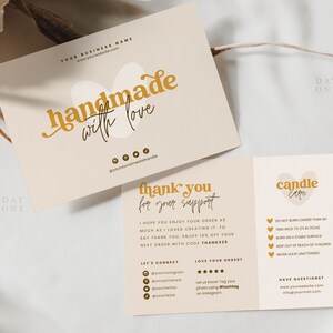 Op de afbeelding: Een bedankkaartje voor een kaarsenbedrijf met de tekst "Handmade with love" en "Thank you for your support". De kaart bevat ook instructies voor kaarsverzorging en social media-handvatten.