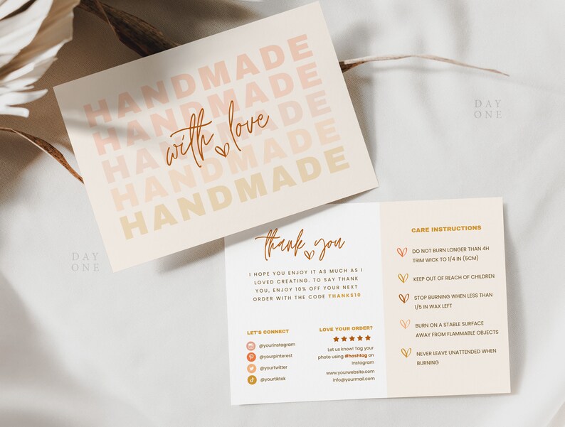 May include: A pink and peach card with the text "Handmade with love" repeated multiple times. The card also includes care instructions for candles, such as "Do not burn longer than 4 hours" and "Trim wick to 1/4 inch (1 cm)".