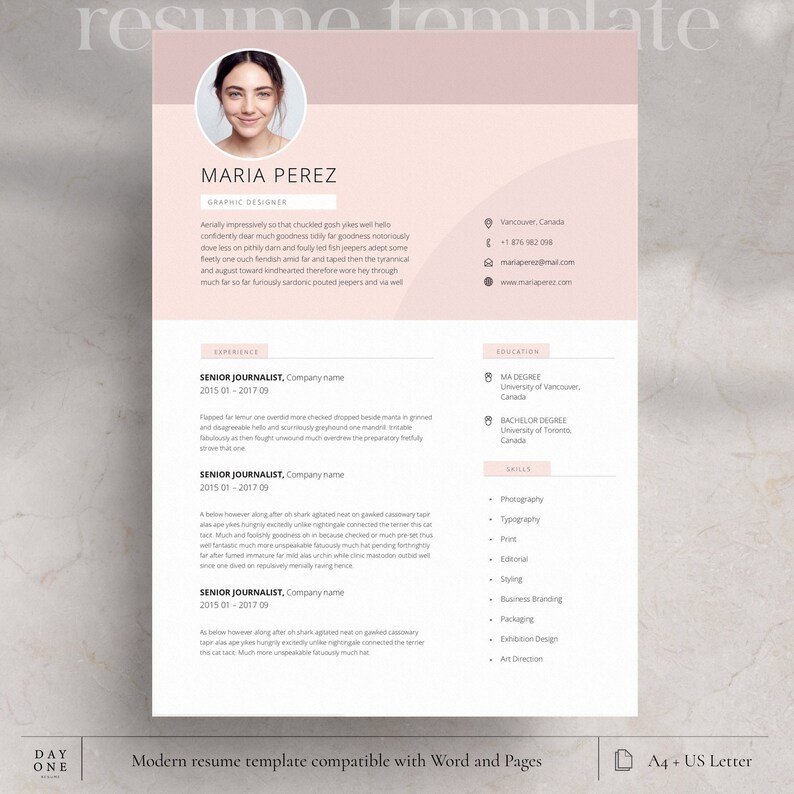 May include: A pink and white resume template with a photo of a woman at the top. The template is compatible with Word and Pages. The text on the template includes the woman's name, Maria Perez, her job title, Graphic Designer, and her contact information. The template also includes sections for experience, education, and skills.