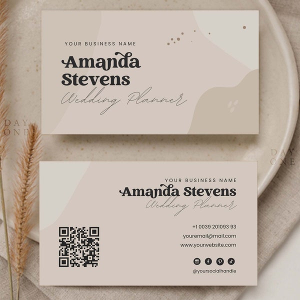 Custom Boho Business Card with QR code, Editable Retro Business Card Canva Template, Chic DIY Hair Business Branding, Groovy Business Card