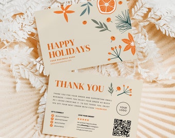 Holiday Printable Business Thank You Canva Template with QR Code, Boho Xmas Thanks For Your Purchase w/ Logo, Retro Christmas Editable Card