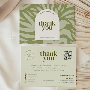 Druckbare kleine Geschäft Dankeskarte Canva Vorlage QR-Code, Salbei Grün Danke für Ihre Einkaufskarte, druckbare Dankeschön Packungsbeilage