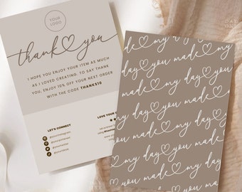Tarjeta de agradecimiento para pequeñas empresas con logotipo imprimible, Boho Boutique gracias por el inserto del paquete de pedido, plantilla de Canva personalizable