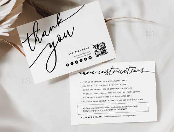 Editable Jewelry Care Card Template Canva, Boho Jewelry Care Instructions, Business Thank You Card Packaging Insert, Printable Care Card DIY