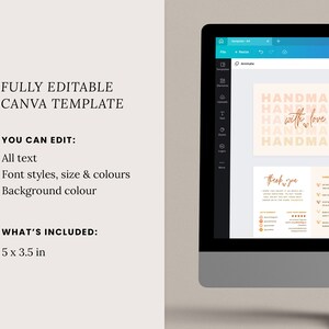 May include: A Canva template for a business card with the text "Handmade with love" in a gold script font on a peach background. The template is 5 inches by 3.5 inches.