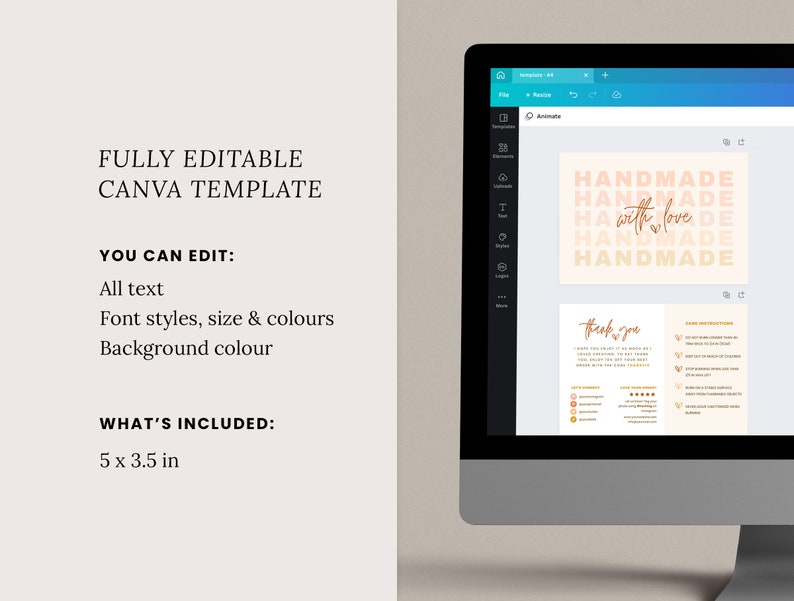 May include: A Canva template for a business card with the text "Handmade with love" in a gold script font on a peach background. The template is 5 inches by 3.5 inches.
