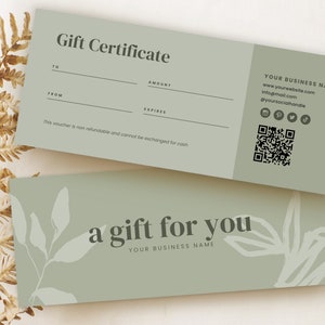 Plantilla de tarjeta de regalo imprimible Canva Sage Green, diseño de vale de regalo con código QR editable, certificado de cupón de regalo para spa de estética de belleza bohemia DIY