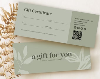 May include: A green gift certificate with the text "Gift Certificate" at the top. The certificate has fields for "To", "From", "Amount", and "Expires". The bottom of the certificate has the text "This voucher is non refundable and cannot be exchanged for cash". The back of the certificate has the text "YOUR BUSINESS NAME", a website address, email address, social media handles, and a QR code.