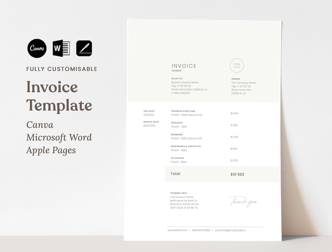 Minimalist Invoice for Canva, Word & Pages, Small Business Receipt ...