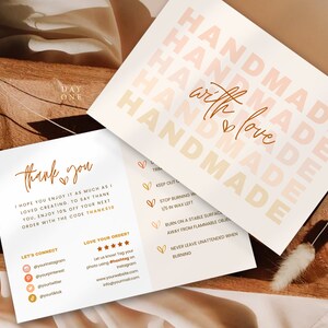 May include: A white card with the text "Handmade with love" in a gradient of peach and orange. The card also includes instructions for burning candles, a thank you message, and social media handles.