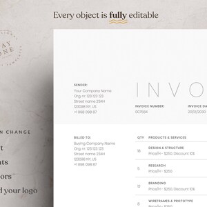 May include: A white invoice template with the text "INVOICE" in a large, bold font. The invoice includes sections for sender, billed to, quantity, products and services, invoice number, and invoice date. The template is fully editable, allowing users to customize the text, fonts, colors, and logo.