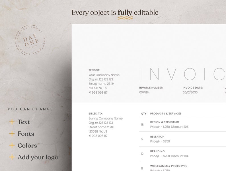 May include: A white invoice template with the text "INVOICE" in a large, bold font. The invoice includes sections for sender, billed to, quantity, products and services, invoice number, and invoice date. The template is fully editable, allowing users to customize the text, fonts, colors, and logo.