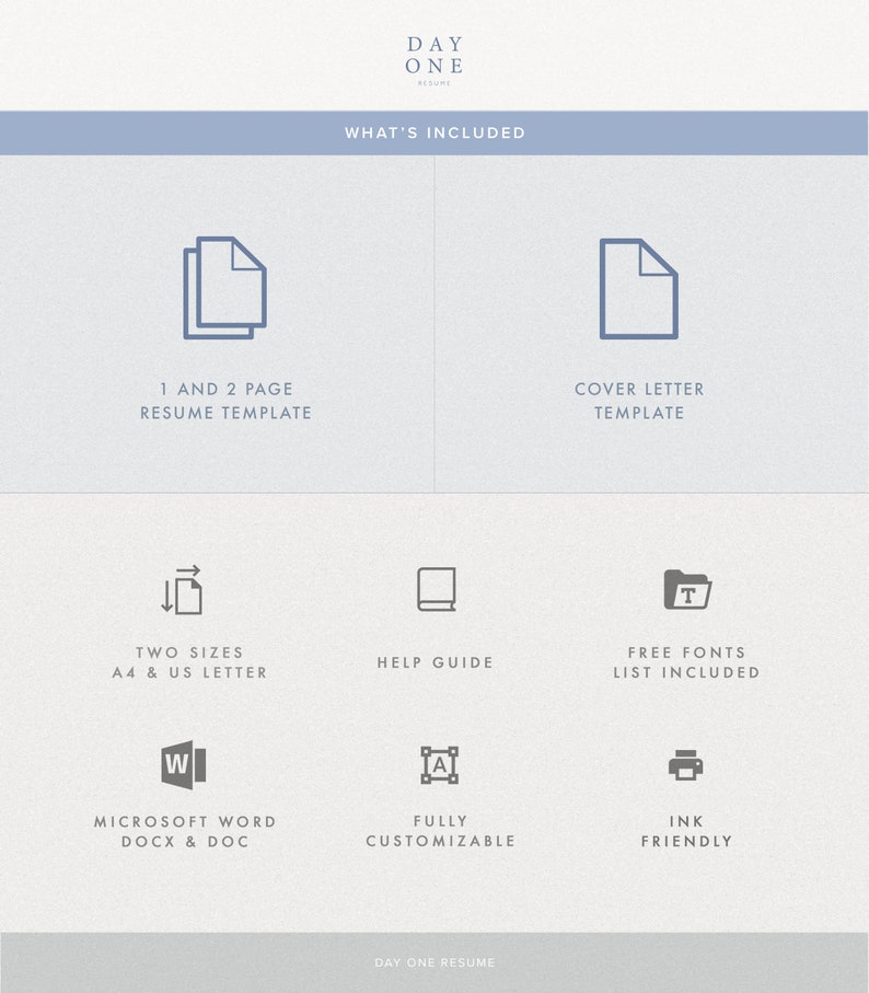 May include: A graphic showing what's included in a resume template. The template includes a 1 and 2 page resume, a cover letter, two sizes (A4 and US Letter), a help guide, free fonts, Microsoft Word compatibility, full customization, and is ink friendly.