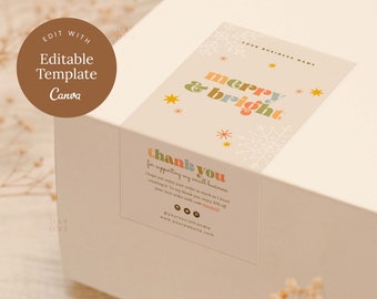 Printable Small Business Box Seal Sticker, Custom Box Label Canva Template, Boho Christmas Stickers, Holiday Thank You & Branded Packaging
