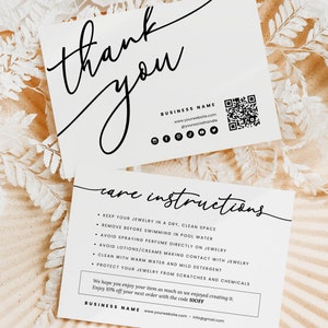 May include: Thank you card with care instructions for jewelry. The card is white with black text and a QR code. The text includes instructions for keeping jewelry clean and avoiding contact with water and chemicals. The card also includes a discount code for 10% off the next order.
