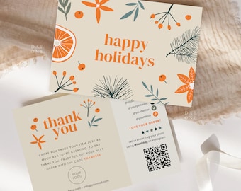 Boho Christmas Business Thank You Canva Template with Logo QR Code, Holiday Printable Thanks For Your Purchase, Editable Retro Xmas Card