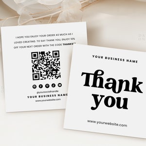 Retro zakelijke bedankkaart vierkant met QR-code, boho DIY afdrukbare canvassjabloon, bewerkbare mini bedankt voor je aankoop bijsluiter