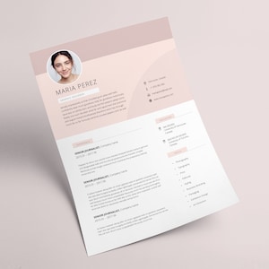 May include: A pink and white resume template with a headshot of a woman. The resume includes the name Maria Perez, the title Graphic Designer, and a list of work experience and skills. The resume also includes contact information and education.