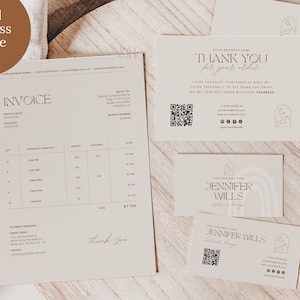 Kit de marca comercial de Canva, plantilla de factura editable, tarjeta de agradecimiento comercial de estilo bohemio, formulario de pedido imprimible, tarjeta de presentación personalizada, código QR