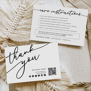 May include: Two white cards with black text. The first card has the title "Care Instructions" and lists instructions for caring for jewelry. The second card says "Thank You" and includes a QR code and social media icons.