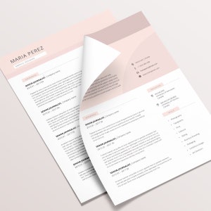 May include: A pink and white resume template with a professional design. The resume includes a photo of the applicant, contact information, education, skills, and work experience. The resume is formatted with a modern and clean design.