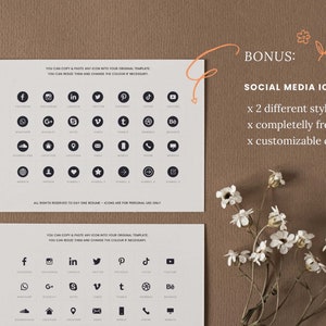 May include: Two white cards with black social media icons. The cards have instructions on how to copy and paste the icons. The text on the card reads "You can copy & paste any icon into your original template. You can resize them and change the colour if necessary." The text on the second card reads "BONUS: SOCIAL MEDIA ICONS x 2 different styles x completely free x customizable colour".