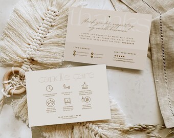 May include: Two beige cards with text, one reading "thank you for supporting my small business" and the other "candle care." The cards are on a neutral-toned surface with a macrame decoration and a linen napkin.