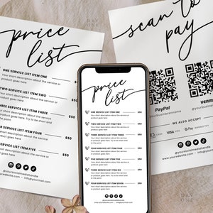 May include: A black and white price list with a handwritten font. The list includes five service items with descriptions and prices. The image also includes a QR code and a scan to pay logo.