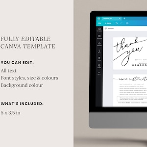 May include: Editable Canva template for a thank you card with care instructions. The card is 5 inches by 3.5 inches and features a handwritten thank you message, a business name, and a QR code. The care instructions section includes a list of tips for caring for jewelry.