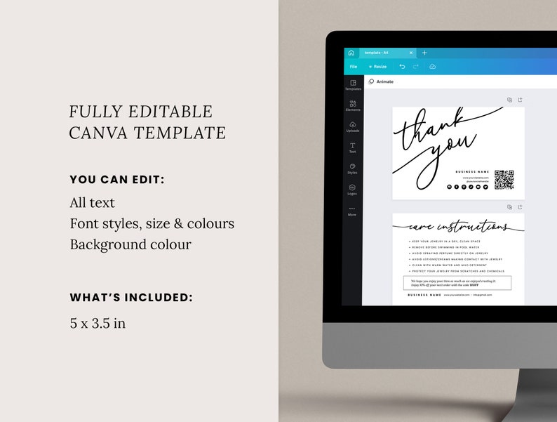 May include: Editable Canva template for a thank you card with care instructions. The card is 5 inches by 3.5 inches and features a handwritten thank you message, a business name, and a QR code. The care instructions section includes a list of tips for caring for jewelry.